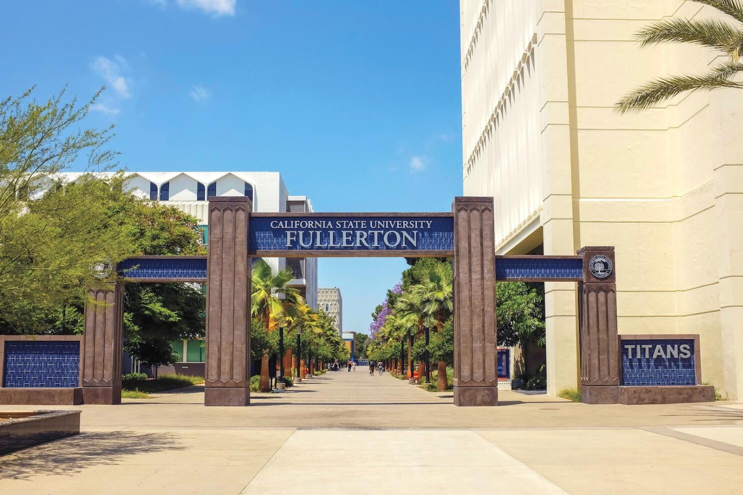 FULLERTON CALIFORNIA - 23 MAY 2020: Sign and arch at Langsdorf Hall on the campus of California State University Fullerton, CSUF.